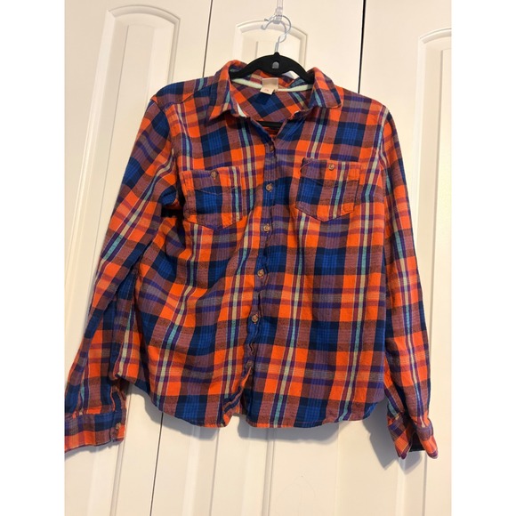Mossimo Supply Co Flannel Button Up Shirt Orange Blue Plaid XL Utility‎ Style - Picture 3 of 6